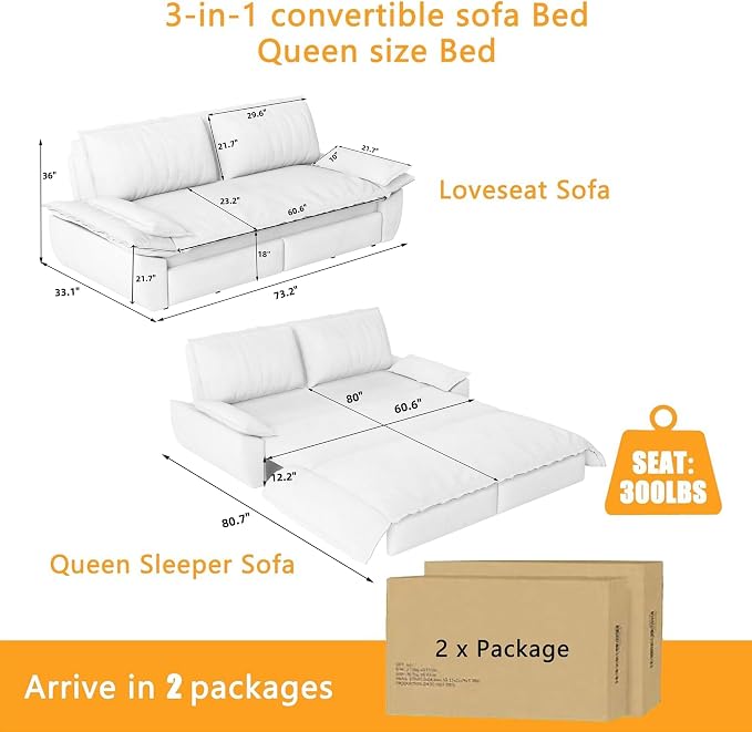 73.2" Sofa Bed Queen Size, Pull Out Couch Bed, 3-in-1 Convertible Sleeper Sofa with Cushion Armrest, Modern Corduroy Futon Couch for Living Room, Small Space, Apartment, Bedroom, Orange