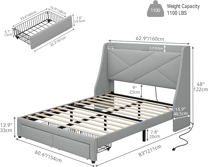 YITAHOME Storage Bed Frame, Queen Size Bed Frame with Type-C & USB Port and 2 Drawers, Upholstered Headboard Storage Shelf Platform Bed, No Box Spring Needed, Easy Assembly, Grey