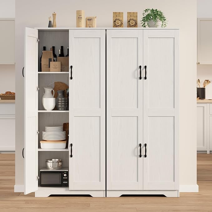 IDEALHOUSE Tall Pantry Cabinet, 60" Kitchen Pantry Storage Cabinet with 2 Doors and Adjustable Shelves, Freestanding Kitchen Cabinet, Cupboard for Dining Room, Bathroom (White)