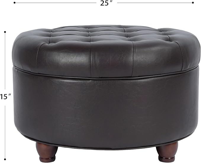 HomePop 25" Button Tufted Round Storage Ottoman - Distressed Brown Faux Leather