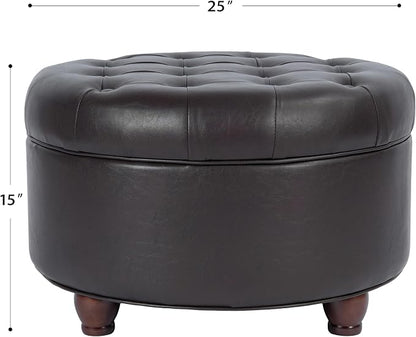 HomePop 25" Button Tufted Round Storage Ottoman - Distressed Brown Faux Leather