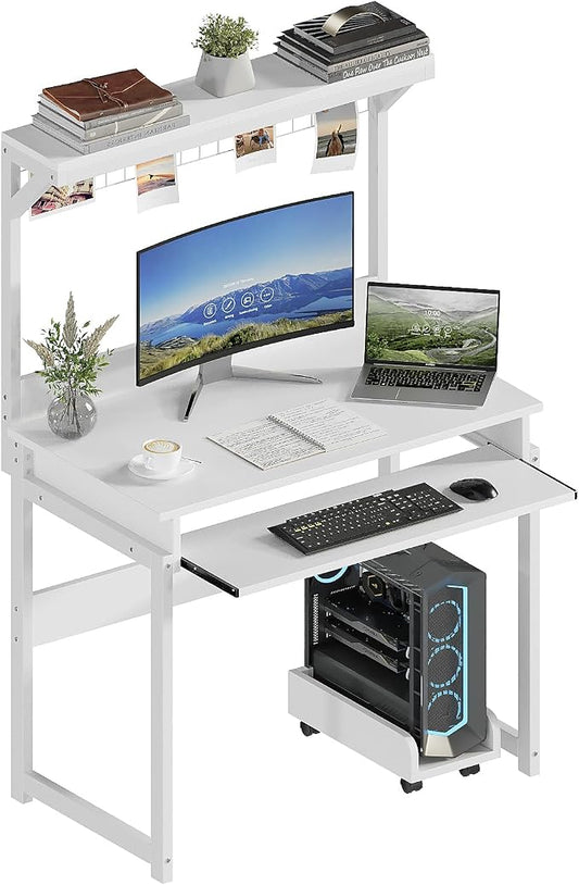 ALISENED 31.5" Small Computer Desk with Hutch, Office Desk with Workstation PC Table, Keyboard Tray & Storage for Gaming, Working, Studying, Space-Saving Design, Easy Assembly，White