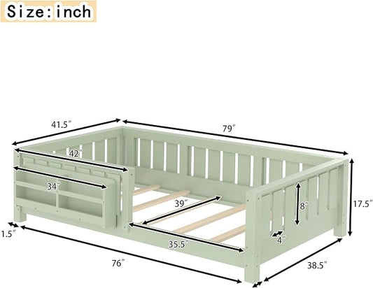 Bellemave Twin Size Floor Bed with high Rails and with Built-in Bookshelf for Kids, Girls, Boys, Wood Montessori Floor Bed Without Door, Avocado Green
