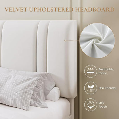 SHA CERLIN Queen Size Platform Bed Frame, Velvet Upholstered Bed with Adjustable Headboard, Vertical Channel Tufted Design, Sturdy Wood Slat Support, No Box Spring Needed, Easy Assembly, White