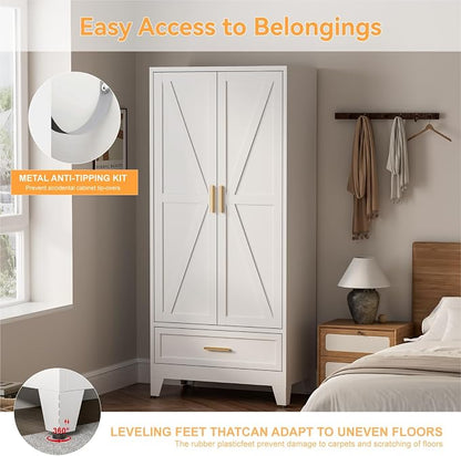 COFaR 71 Farmhouse Metal Wardrobe Closet with Hanging Rod, 2 Barn Doors, Adjustable Shelves, Steel Armoire with Drawer for Home, Bedroom White