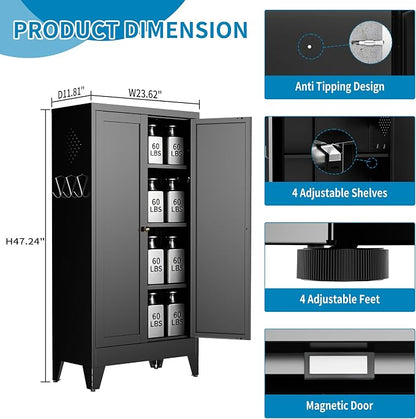 48" H Black Steel Pantry Storage Cabinet with 3 Adjustable Shelves | 4-Tier Tall Metal Cabinets for Kitchen, Living Room, Garage, Heavy Duty Freestanding Utility Cabinet, Assembly Required