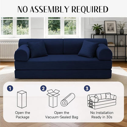 79'' Convertible Sofa Bed, 6 in 1 Folding Floor Futon Couch Sleeper with Fixed Frame, Corduroy Modular Sofa Bed with Removable Armrests & Pillows, No Assembly for Living Room Bedroom (Navy Blue)
