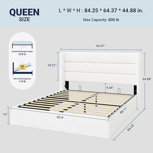 Allewie Queen Size Velvet Lift Up Storage Bed, Modern Wingback Headboard, Hydraulic Support, No Box Spring Needed, White