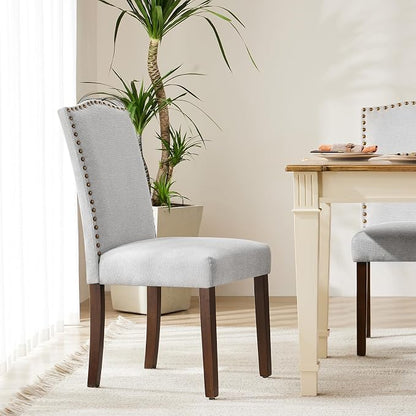 DUMOS Dining Chairs Set of 4, Farmhouse Fabric Upholstered Kitchen Chairs with Wooden Legs and Padded Seat, Modern Accent Chair for Dining Room, Kitchen, Living Room, Restaurant, Light Grey
