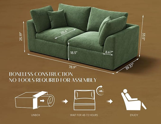 ohllob 78.9" Loveseat Sofa, Cloud Boneless Couches for Living Room, Modern Modular Sectional Sofa, Oversized, Green