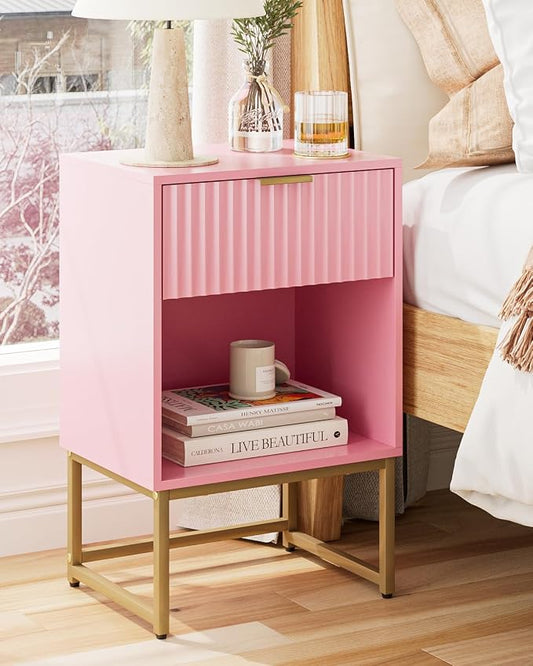 Masupu Fluted Nightstand, Modern Night Stand Wood Bedside Table with Storage Drawer Side End Table for Bedroom, Office, Pink