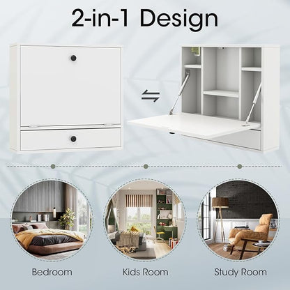 Tangkula Folding Wall Table - Floating Desk with Storage Drawer & Shelves (White)