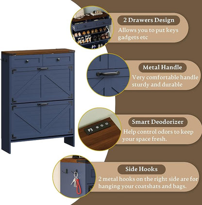 BORNOON Shoe Cabinet with Odor Control Deodorizer and Back Panel, Farmhouse Narrow Shoe Storage Cabinet Rack for Entryway with 2 Flip Drawers and 2 Top Drawers, Adjustable Shelves, Side Hooks
