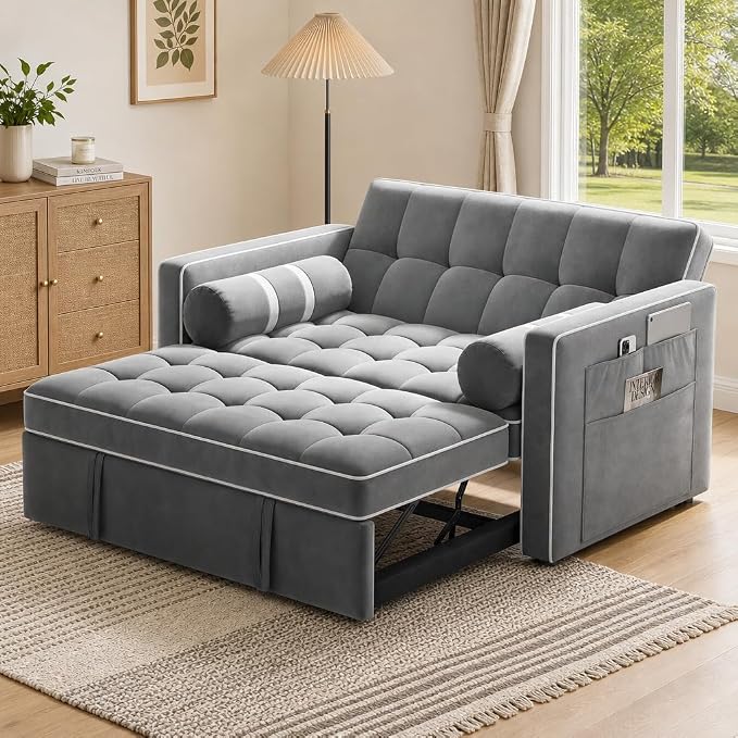 Pipishell 3 in 1 Sleeper Sofa Bed, Pull Out Couch with USB & Type-C Ports, Deep Seat Convertible Loveseat Sofa, Adjustable Backrest, Side Pockets, Velvet Futon Couch for Living Room, Grey