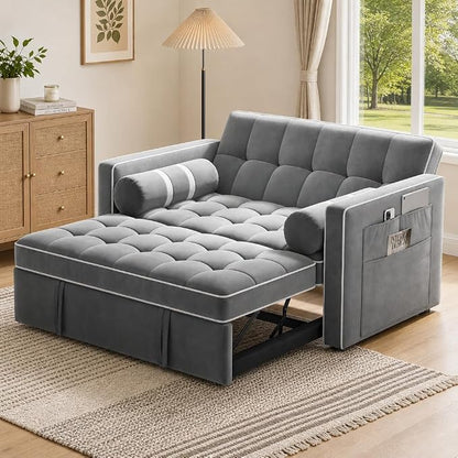 Pipishell 3 in 1 Sleeper Sofa Bed, Pull Out Couch with USB & Type-C Ports, Deep Seat Convertible Loveseat Sofa, Adjustable Backrest, Side Pockets, Velvet Futon Couch for Living Room, Grey