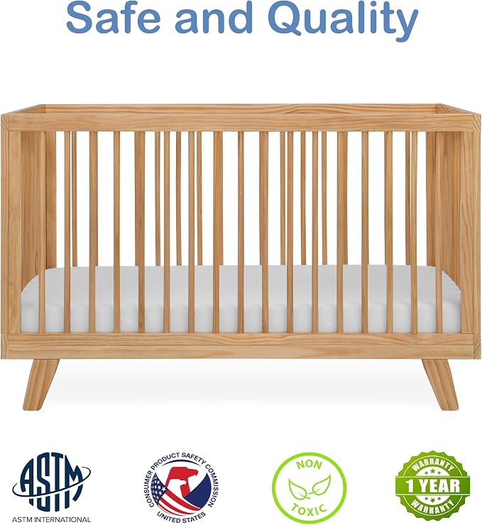 3-in-1 Astin Convertible Baby Crib - Including Toddler Guard Rail, Grows with Your Baby, Converts to Toddler Bed & Day Bed, 4 Adjustable Support Base Height | Natural with Guard Rail