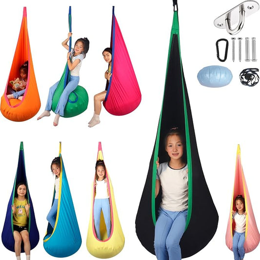 HiCamer Sensory Swing for Kids Indoor and Outdoor Pod Hammock Chair Seat Upgrade Max 300 lbs Hanging Swing with Inflatable Cushion Includes Hardware Hanger Kit for Aspergers Autism ADHD (Black)