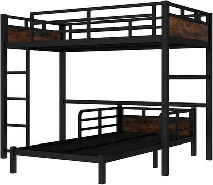 Twin XL Over Twin XL Metal Bunk Bed, Heavy Duty Convertible Bunk Bed Frame with Headboard & Full Guardrails, Can Be Split into Two Platform Beds or Loft Bed,Vintage