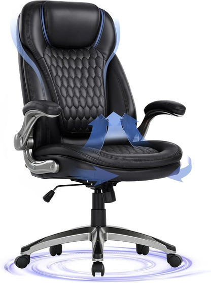 Executive Office Chair-Ergonomic Computer Desk Chair, High Back Leather Chair with Padded Flip-up Arms, Swivel Home Office Chair Upgraded Caster-Black