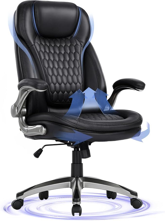 Executive Office Chair-Ergonomic Computer Desk Chair, High Back Leather Chair with Padded Flip-up Arms, Swivel Home Office Chair Upgraded Caster-Black