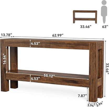 LITTLE TREE 63-Inch Wood Entryway Table, Long Farmhouse Narrow Console Table for Living Room, Hallway, Sofa, Entry, Entrance, Foyer, Behind Couch with 2-Tier Shelves, Brown