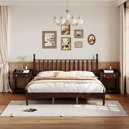 Walnut 3 Pieces King Bedroom Set, Vintage Platform Bed Frame King Size with 2 Nightstand, Wood Traditional Bedframe with Spindle Headboard, No Box Spring Required (Walnut, King)