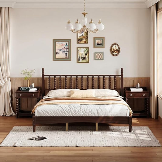 Walnut 3 Pieces King Bedroom Set, Vintage Platform Bed Frame King Size with 2 Nightstand, Wood Traditional Bedframe with Spindle Headboard, No Box Spring Required (Walnut, King)