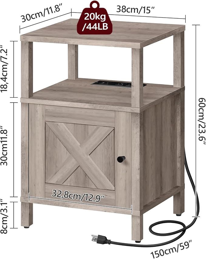 MAHANCRIS Farmhouse Nightstand with Charging Station, Greige Bedside Table with USB & Type-C Ports, End Table with Storage Cabinet and Open Shelf, Modern Side Table for Bedroom, Grey ETGY96E01