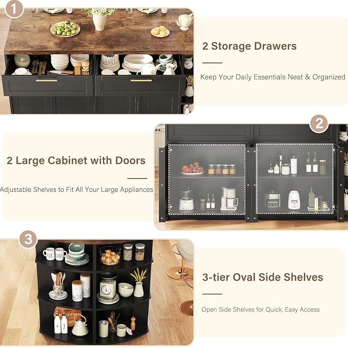HSH 63 Inch Large Kitchen Island with Storage and Seating, Rustic Brown | Stationary Island Table with Storage Drawers, Cabinets, Oval Open Shelves, Wood Counter Prep Island for Kitchen Dining Room