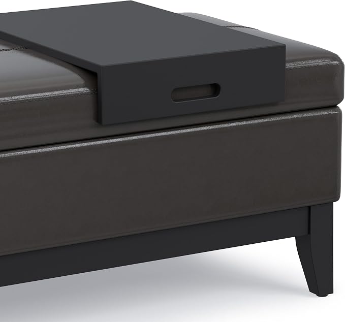 SIMPLIHOME Oregon Storage Ottoman Bench with Tray - 42 inch Wide Upholstered Vegan Leather Rectangle Ottoman Bench in Tanners Brown, Transitional Tufted Ottoman for Living Room with Lift-Up Lid
