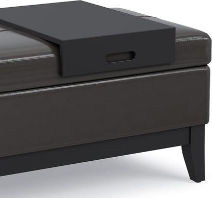 SIMPLIHOME Oregon Storage Ottoman Bench with Tray - 42 inch Wide Upholstered Vegan Leather Rectangle Ottoman Bench in Tanners Brown, Transitional Tufted Ottoman for Living Room with Lift-Up Lid