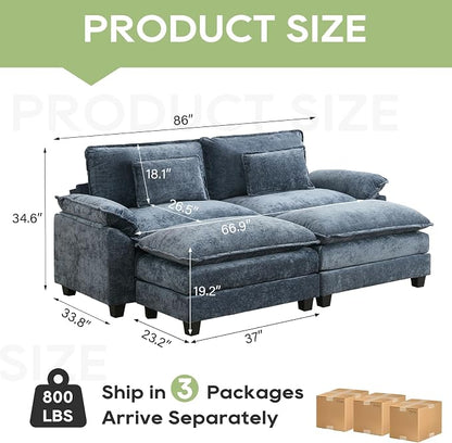 Oprisen 86" Modular Sectional Sofa, Comfy Cloud Couch Sectional Sofa with Ottoman, Chenille Sofa Sleeper Deep Seat Sofa with Throw Pillows for Living Room (Blue)