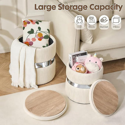 Round Storage Ottoman Set of 2 Vanity Stool for Living Room, Space-Saving Coffee Table with Hidden Compartment, Sturdy Seating for Small Apartments & Bedroom, Assembly Free White