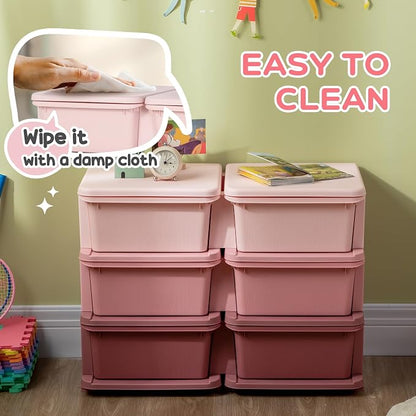 Qaba 3 Tier Kids Storage Unit, Toy Organizers and Storage with 6 Drawer Chest for Kids Bedroom Nursery Kindergarten Living Room for Boys Girls Toddlers, Pink