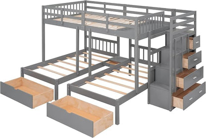 VilroCaz Upgraded Version Full Over Twin & Twin Bunk Bed, Solid Wood Triple Bunk Bed with Storage Drawers and Staircase, Strong Sturdy Bunk Bed Frame with Guardrails for Kids Teens Aldults (Gray-U)