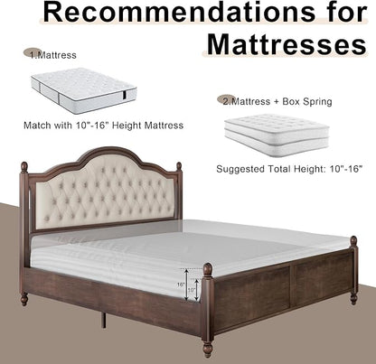 AMERLIFE King Size Solid Wood Bed Frame, Transitional Platform Bed with 52.5" Upholstered Tufted Headboard, Rubberwood/Roman Column Accents/Wood Slat Support/No Box Spring Needed
