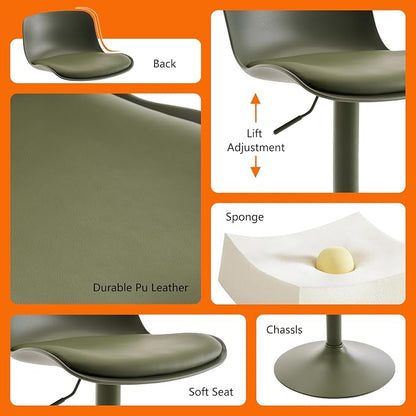 Kidol & Shellder Bar Stools Set of 6 Olive Green Adjustable Swivel Counter Height Stools, Modern PU Leather Upholstered with Back Solid Color Barstools for Kitchen Island