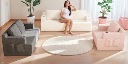 Homall 42” Single Sofa Foam Couch for Small Spaces Upholstered Floor Sofa with Cup Holder & Storage Pocket Boneless Couch for Bedroom Living Room (Pink, Single)
