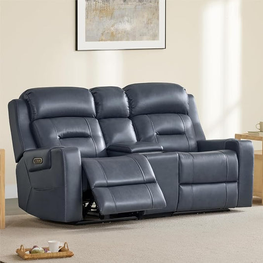 Watson & Whitely Genuine Leather Power Loveseat Recliner Sofa, Lay Flat Reclining Sofa with Console, Power Headrest, Cup Holders & Wireless Charging, Dual Recliner for Living Room, Navy Blue