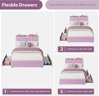 Garvee LED Full Size Bed Frame with Storage Headboard, Kids Bed Frame with 2 Drawers, Boucle Upholstered Platform Bed for Girls, Chic Wavy Headboard with Bookcase, No Box Spring Needed, Purple