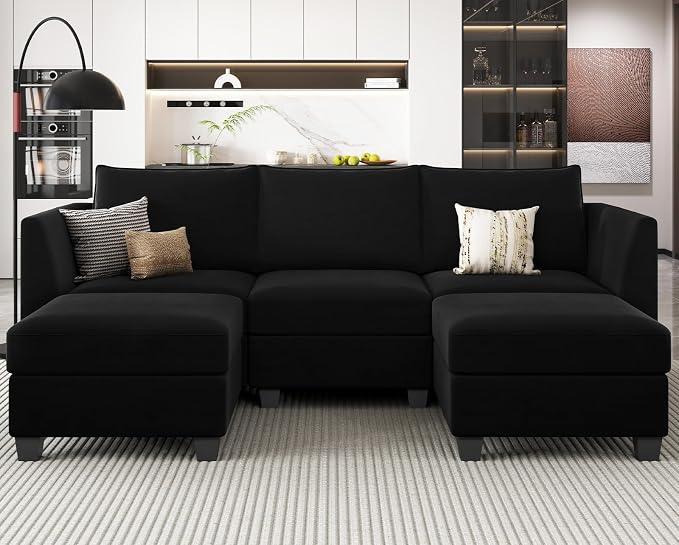 Belffin Modular Sectional Sofa with Double Chaise Velvet U Shaped Sofa Reversible Sectional Couch with Storage Black