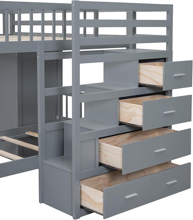 Ball & Cast Full Over Twin Bunk Bed with Safty Guardrail & Storage Stair,Wood Loft Bedframe W/Wardrobe & Drawers,Space-Saving Design,Easy Assembly,Versatile Furniture for Boys Girls Teen Bedroom,Gray