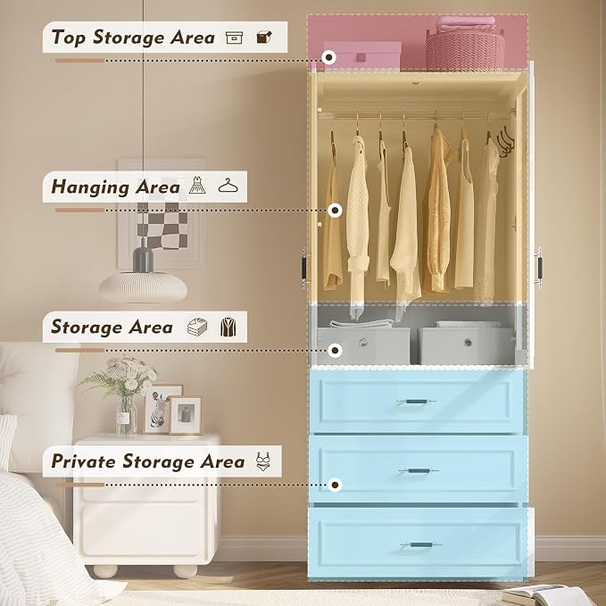 MEISSALIVVE Armoire Wardrobe Closet with 2 Door & 3 Drawers, 74.8" Large Wardrobe Cabinet with Hanging Rod, Freestanding Modern Bedroom Armoire Storage Cabinet, White