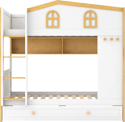 Merax Twin Over Twin Size House Bunk Bed with Storage Shelves & Pull-Out Trundle, Solid Wood Space-Saving Loft Bed Frame with Safety Guardrails for Bedroom, White+Natural