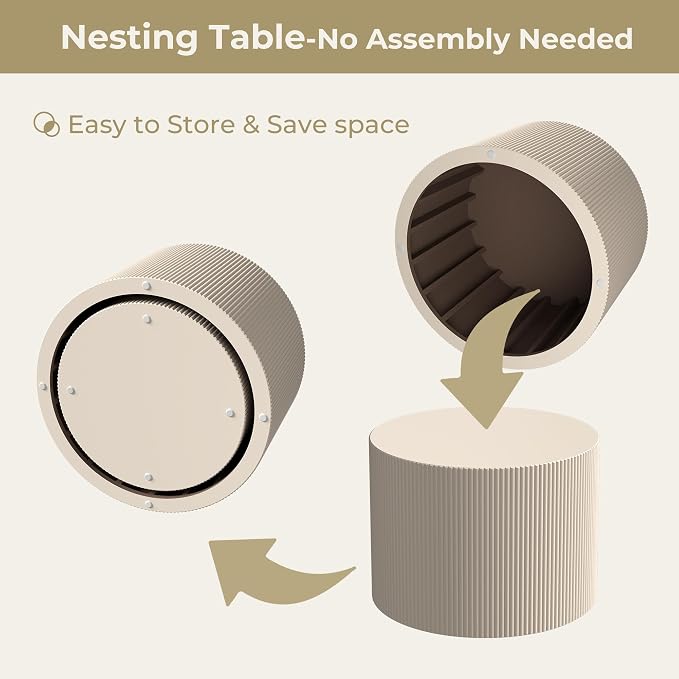 Otterease Round Coffee Table Set of 2, Modern Wooden Beige Nesting Tables for Living Room, No Assembly Required Circle Side Tables Set Accent End Table for Bedroom, Balcony
