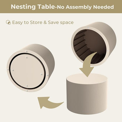 Otterease Round Coffee Table Set of 2, Modern Wooden Beige Nesting Tables for Living Room, No Assembly Required Circle Side Tables Set Accent End Table for Bedroom, Balcony