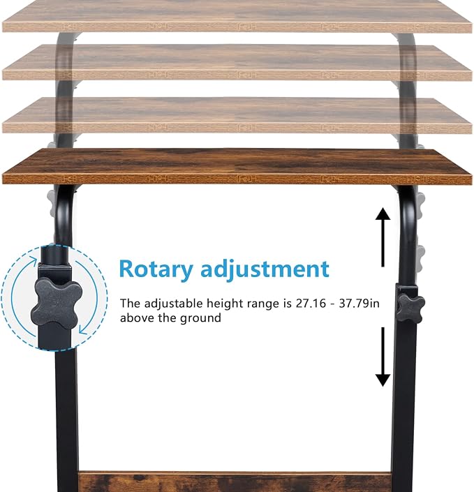 TV Tray Bed Side Table, Portable Rolling Desk Hospital Bed Laptop Table, Small Standing Desk with Wheels Adjustable Height for Sofa, Bedside, Tablet Use, Secure Non Tilt, 23.6" W, Brown