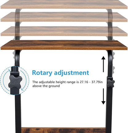 TV Tray Bed Side Table, Portable Rolling Desk Hospital Bed Laptop Table, Small Standing Desk with Wheels Adjustable Height for Sofa, Bedside, Tablet Use, Secure Non Tilt, 23.6" W, Brown