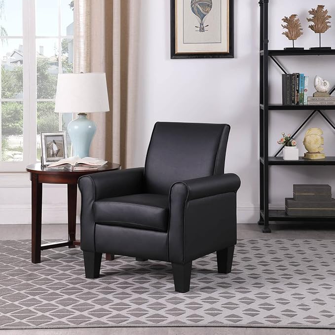 Faux Leather Accent Chair Set of 2, Mid Century Modern Living Room Chair, Upholstered Comfortable PU Leather Armchair for Bedroom, Office or Waiting Areas-Black