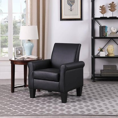 Faux Leather Accent Chair Set of 2, Mid Century Modern Living Room Chair, Upholstered Comfortable PU Leather Armchair for Bedroom, Office or Waiting Areas-Black